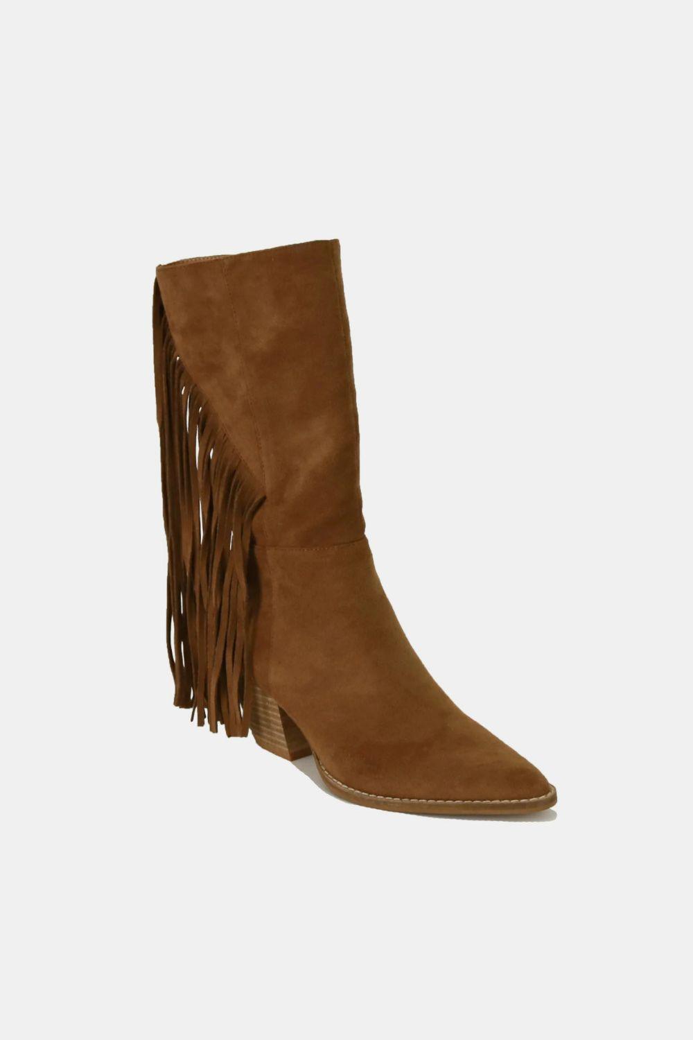 Beast Fashion Suede Fringe Point Toe Boots.