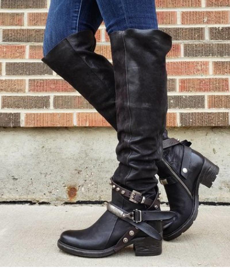 Women’s Grunge Belt Buckle Boots – Chunky Sole, PU Leather, Round Toe.