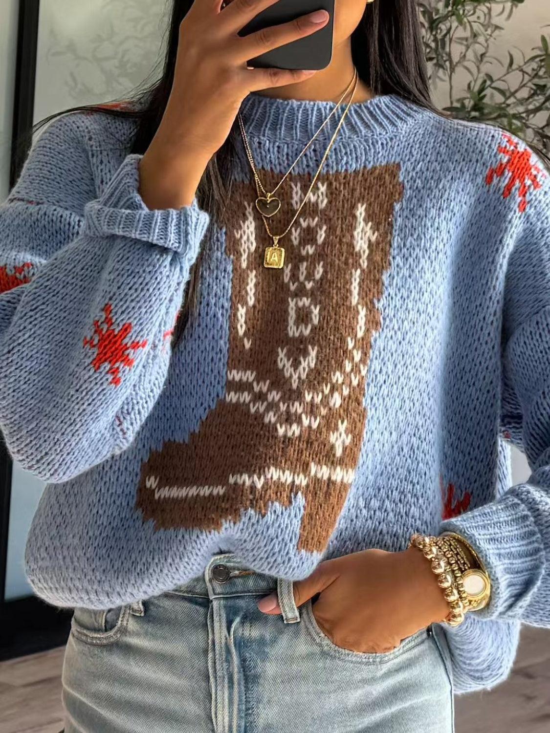 Boot Pattern Round Neck Dropped Shoulder Sweater.