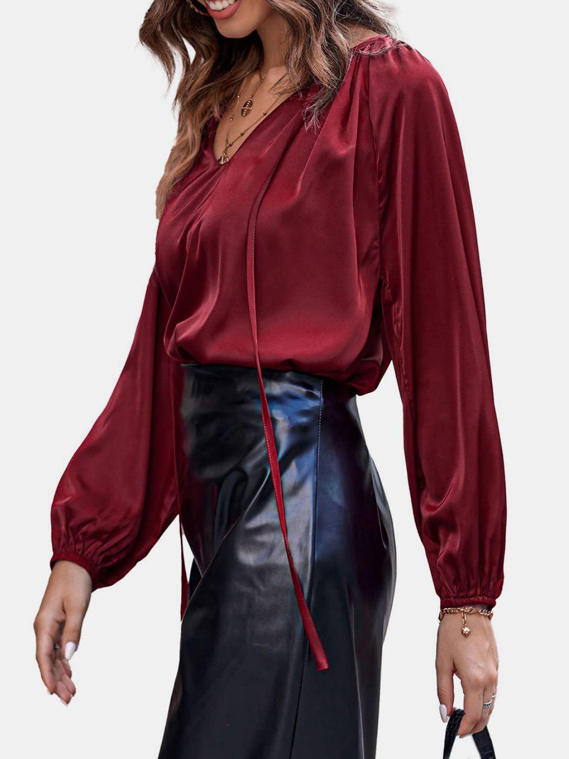 Ruched Tie Neck Balloon Sleeve Blouse Shirt.