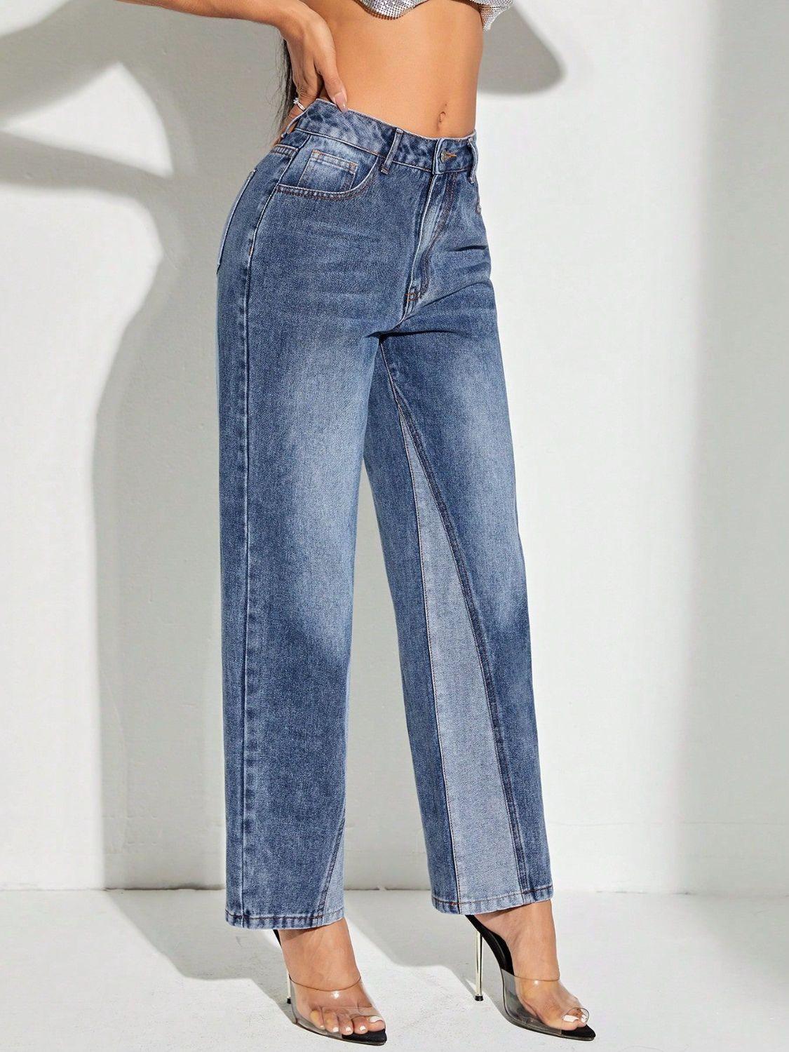 Contrast Patchwork Straight Jeans with Pockets.