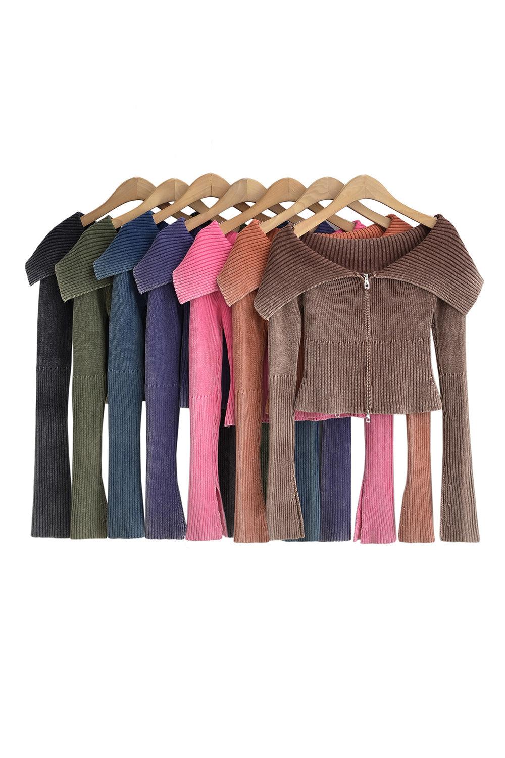 Double Take Ribbed Off-Shoulder Zip Up Long Sleeve Cardigan - SHANKARA CHÉRIE