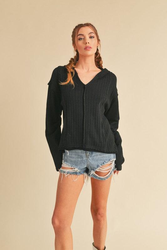 Aemi + Co Frayed Hem Exposed Seam Long Sleeve Hoodie.