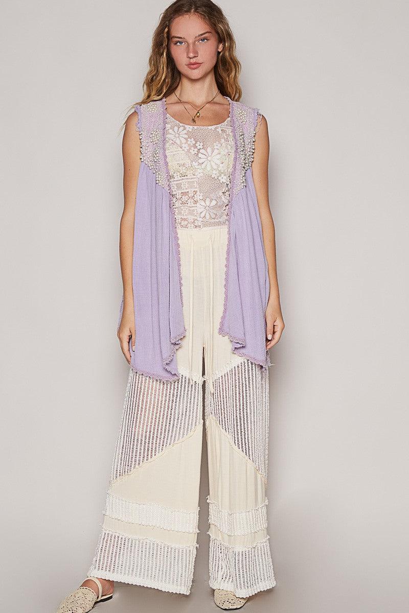 POL Embroidered Pearls Open Front Sleeveless Cardigan.