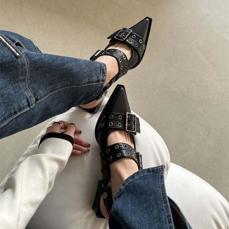 Point Toe Eyelet Buckle Slip-Ons.