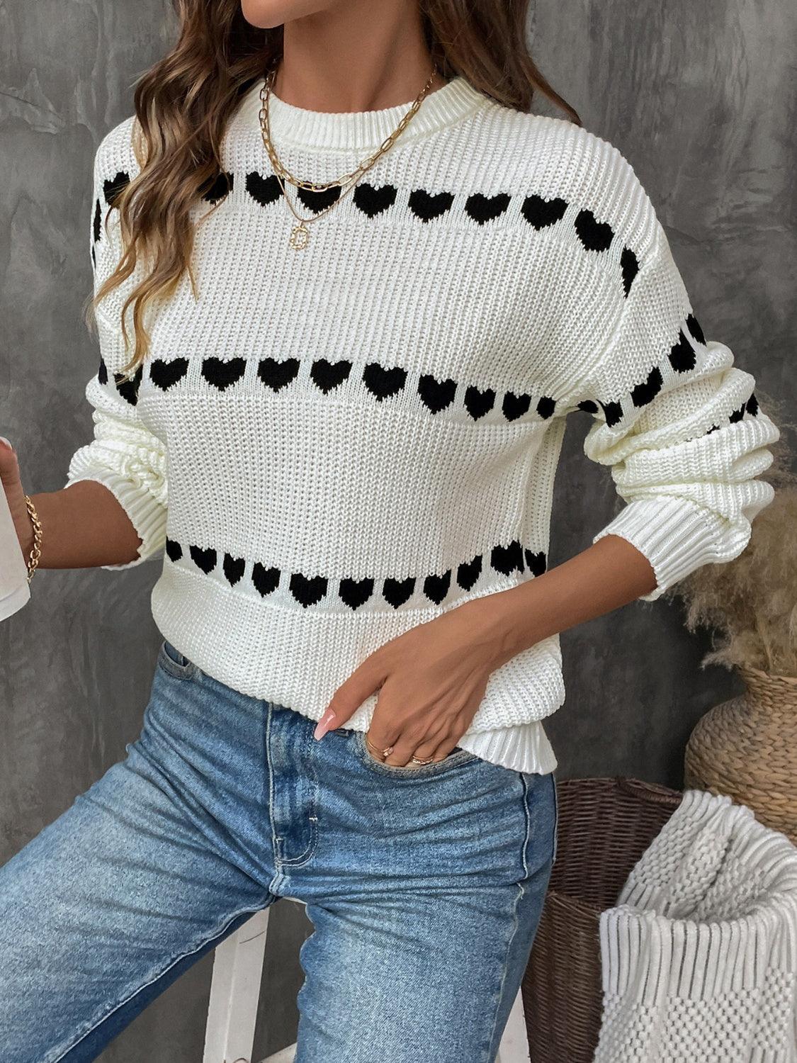 Perfee Heart Round Neck Long Sleeve Sweater.
