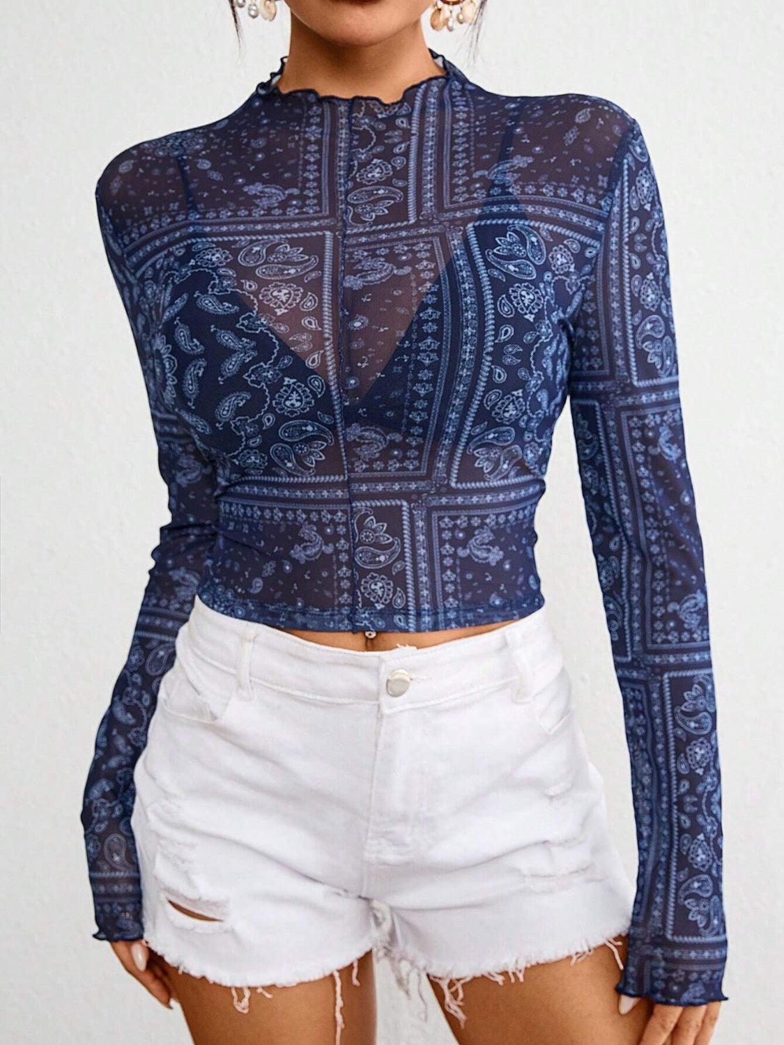 Paisley Mock Neck Long Sleeve Sheer Top.
