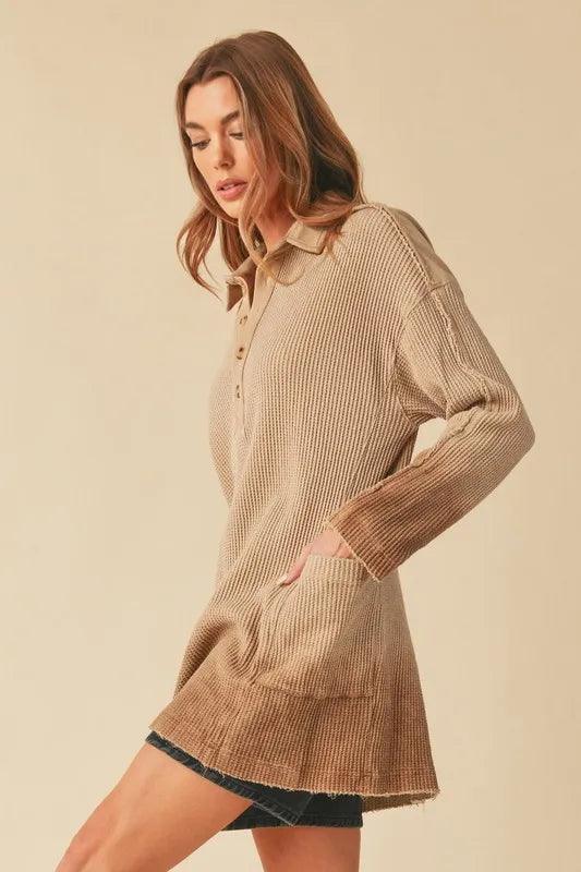 Aemi+Co Waffle-Knit Frayed Hem Button Detail Top.