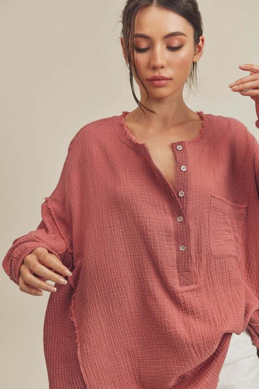 Aemi + Co Exposed Seam Raw Hem Half Button Top.