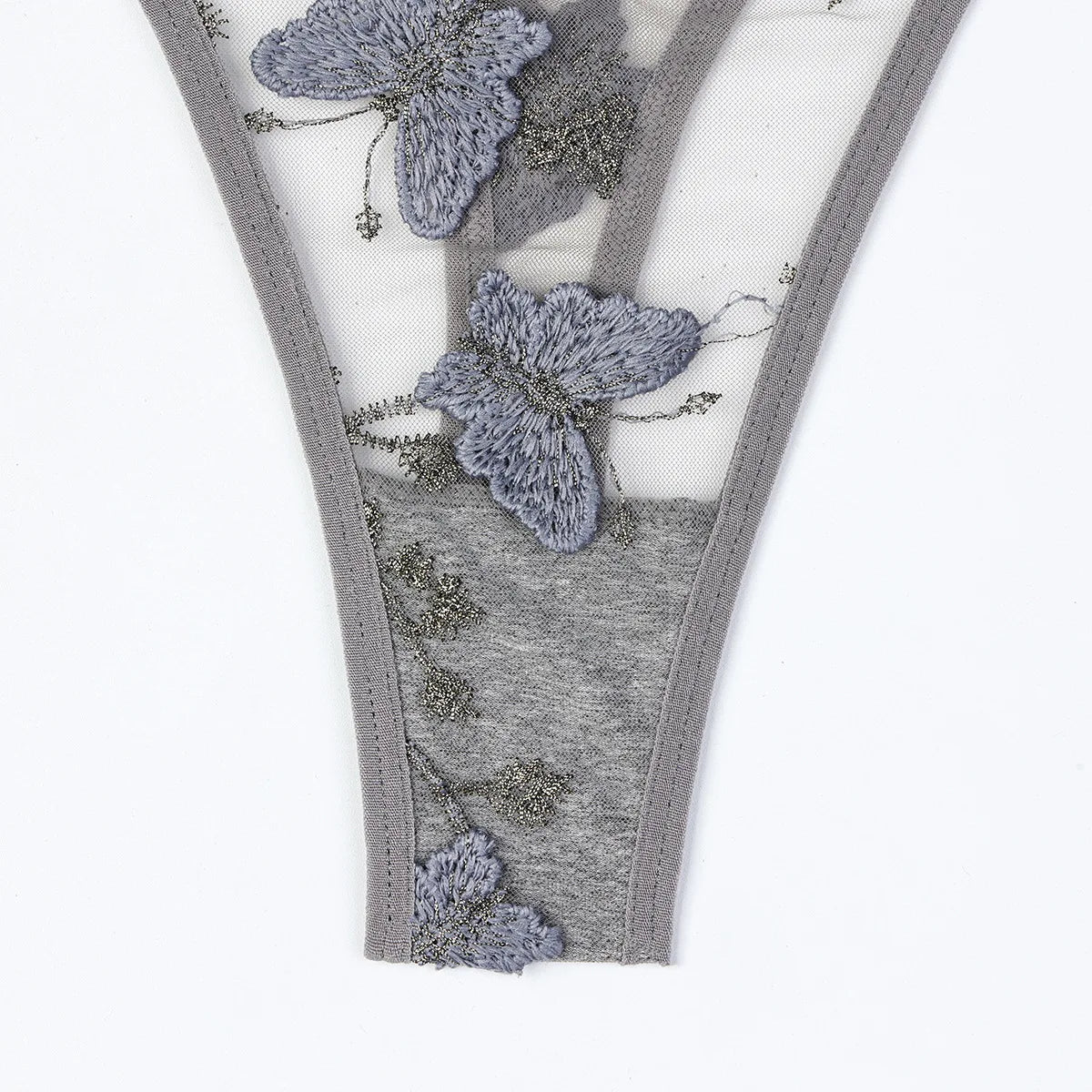 Sheer Mesh Floral Butterfly Embroidery Tie Bikini Style Lingerie Set