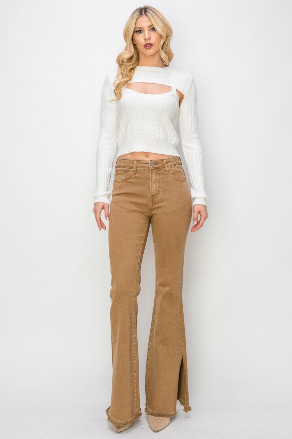 RISEN Bailey Full Size High Waist Side Slit Flare Jeans.