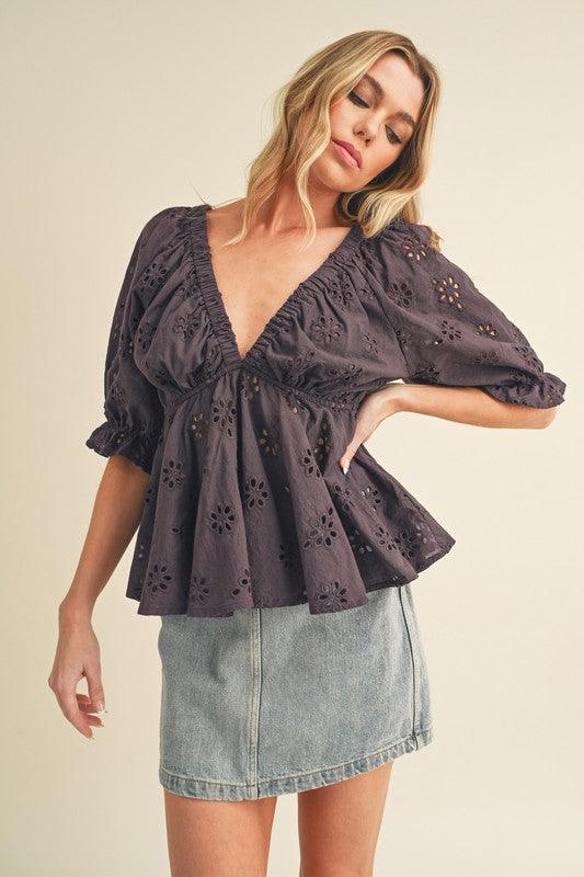 Aemi + Co Eyelet Embroidered V-Neck Half Sleeve Peplum Blouse.