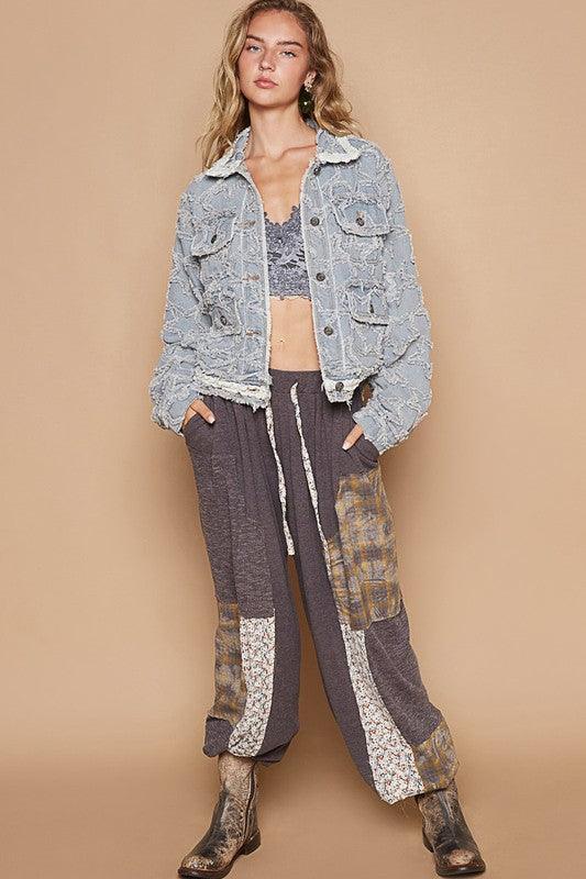 POL Star Textured Raw Hem Long Sleeve Denim Jacket.