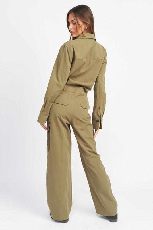Button Down Cargo Jumpsuit.