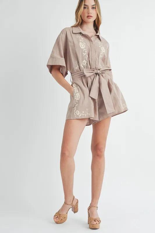 MABLE Embroidered Button Down Collared Neck Romper.