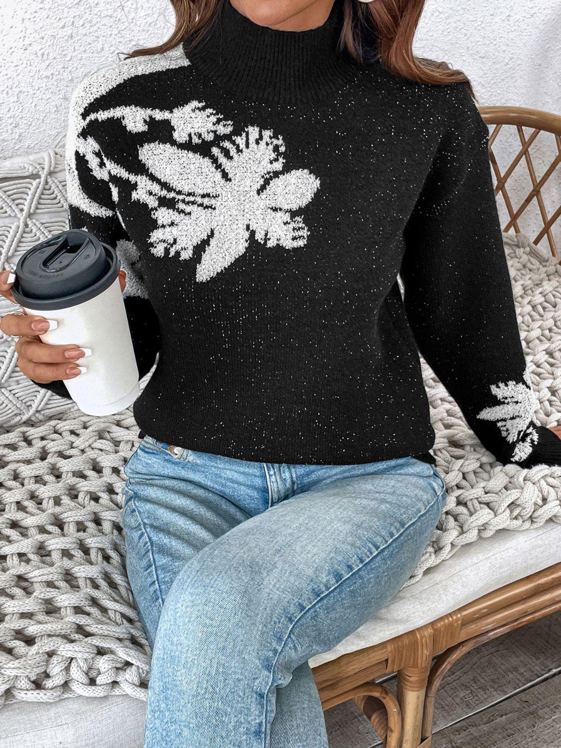 Perfee Flower Mock Neck Long Sleeve Sweater.