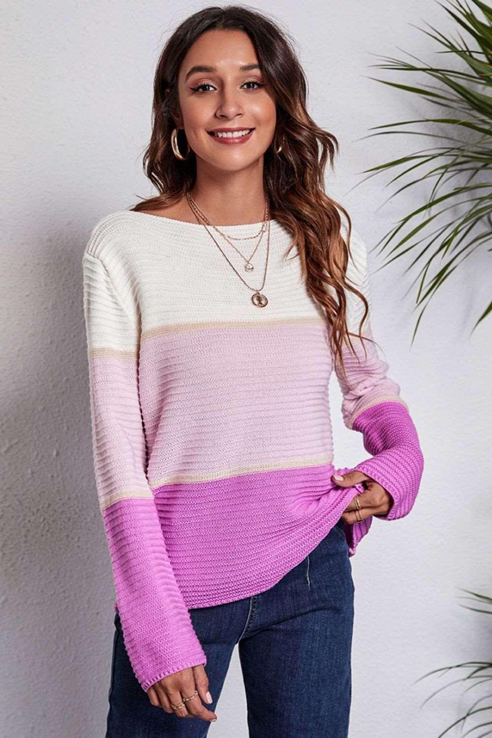 Color Block Horizontal Ribbing Sweater.