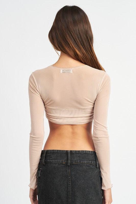 CREW NECK RUCHED BUST CROP TOP.