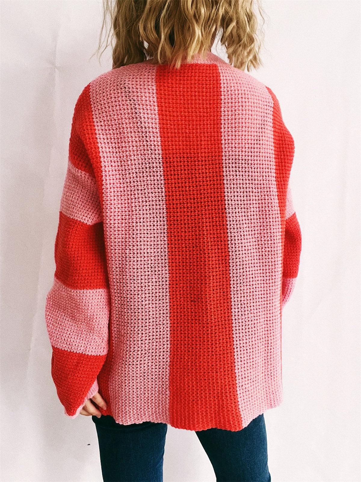 Color Block Round Neck Long Sleeve Sweater.