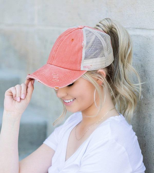 Distressed Messy Bun Hat Cap.