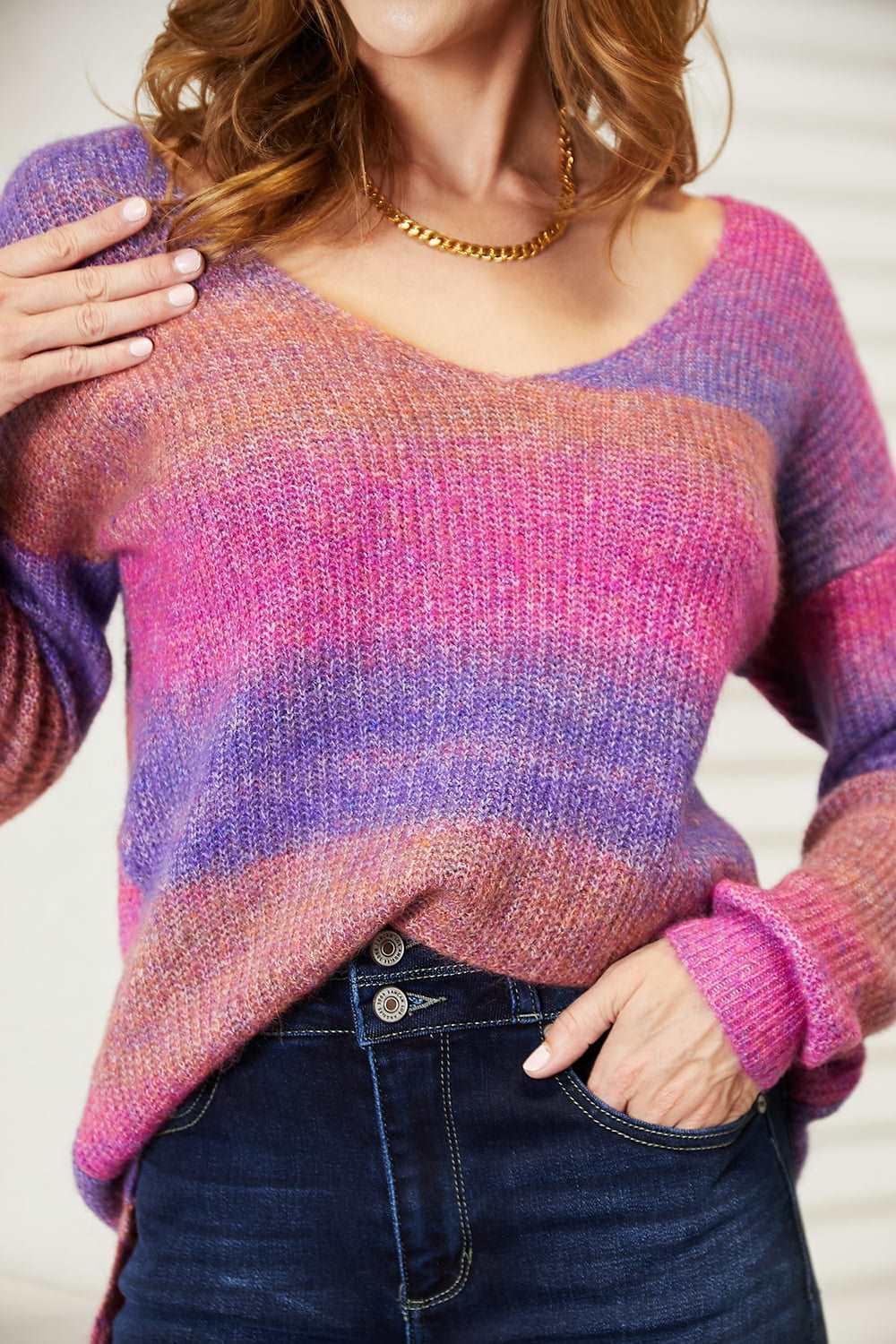 Double Take Multicolored Rib-Knit V-Neck Knit Pullover.