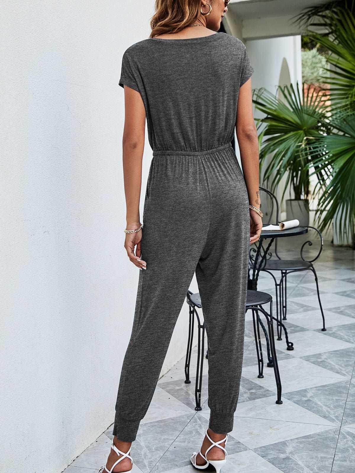 Drawstring Waist Short Sleeve Jogger Jumpsuit.