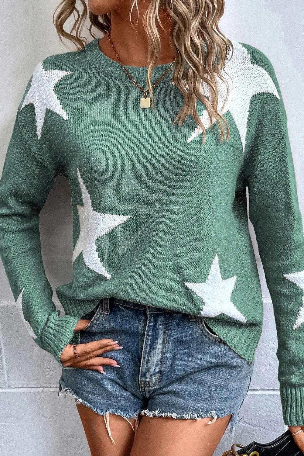 Star Round Neck Dropped Shoulder Sweater.