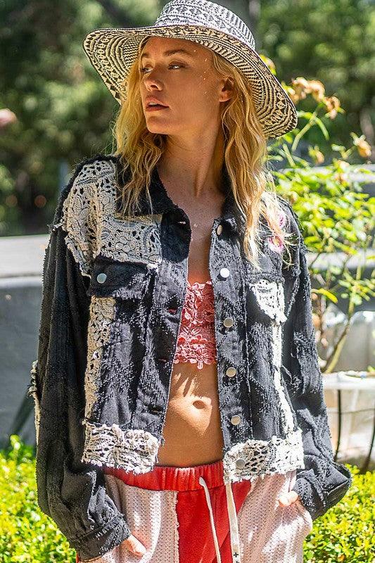 POL Crochet Patch Embroidered Button Up Jacket.