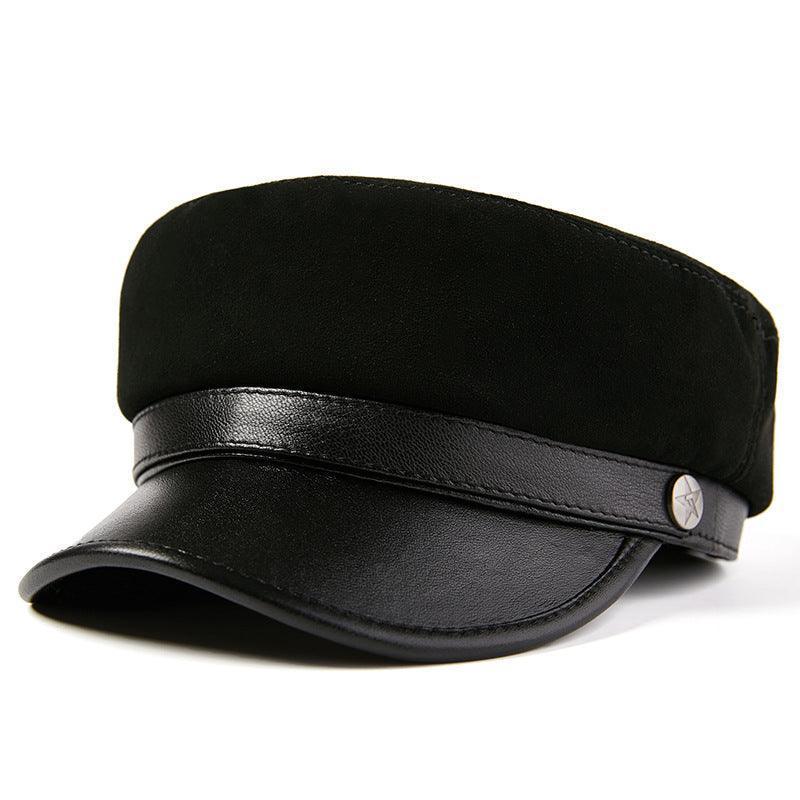 Fashion Sheepskin Flat-top Leather Hat.