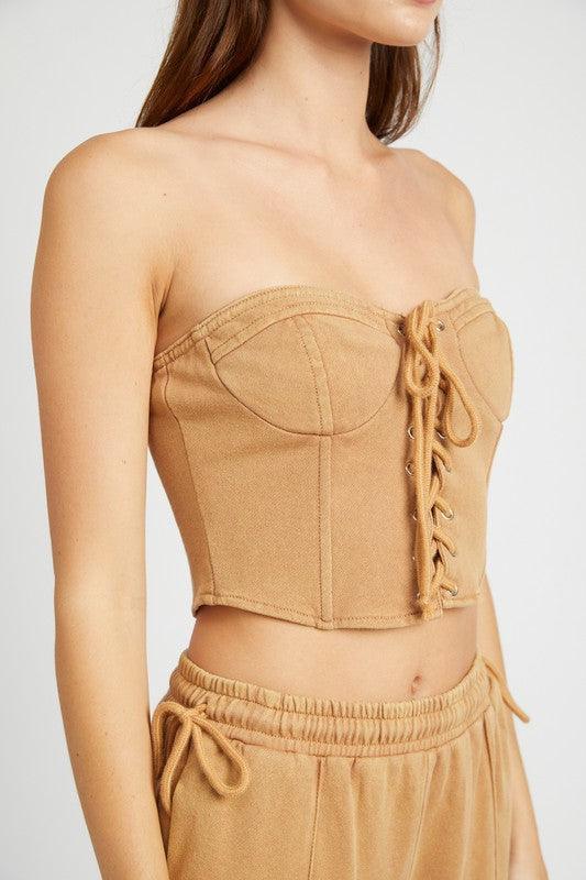 FRENCH TERRY STRAPLESS BUSTIER TOP.