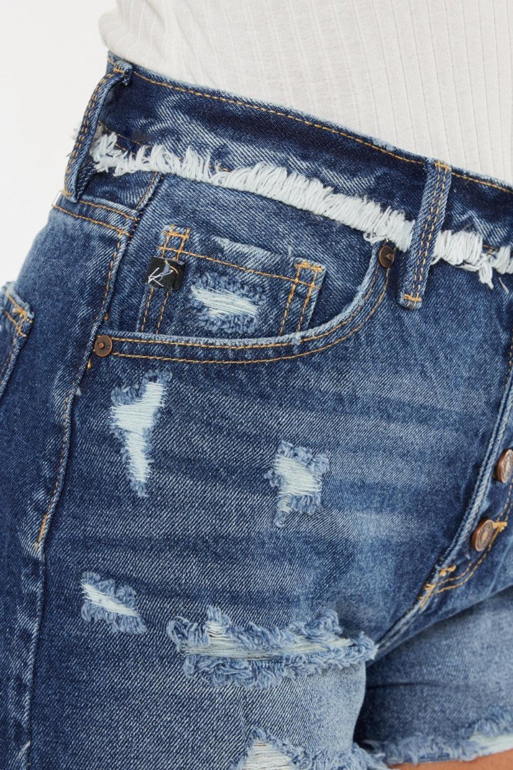 Kancan Distressed Button Fly Denim Shorts.