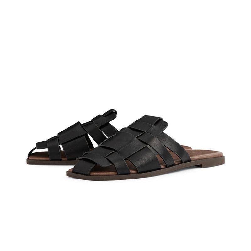 Ladies Woven Shoes Retro Square Toe Casual Mules Sandals.