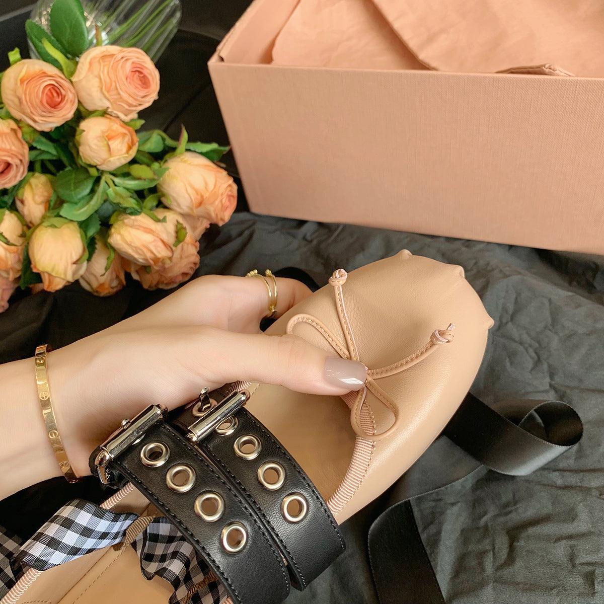 Punk Ballerina Flats – Genuine Cowhide Leather with Buckle Straps.