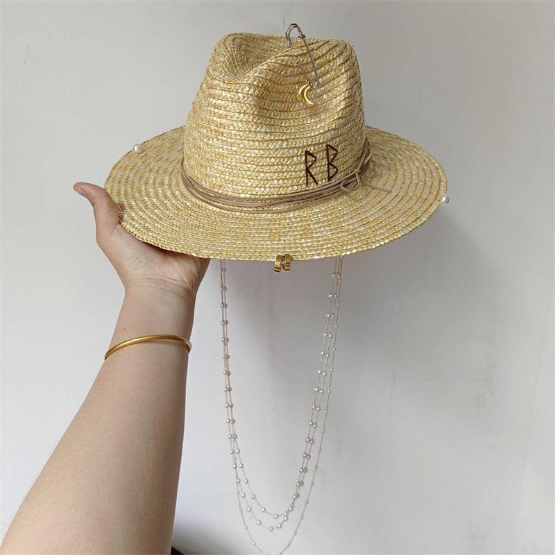 Light Coffee Straw Punk Hat with Pearl Chain.