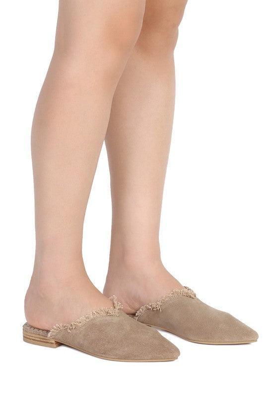 MOLLY FRAYED LEATHER MULES.