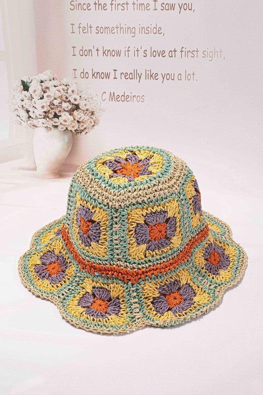 Packable crochet granny square bucket hat.