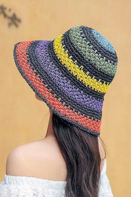Packable crochet straw bucket hat.
