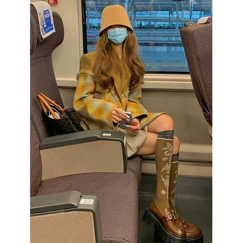 Plaid Elegant Long Wool Jacket Coat.