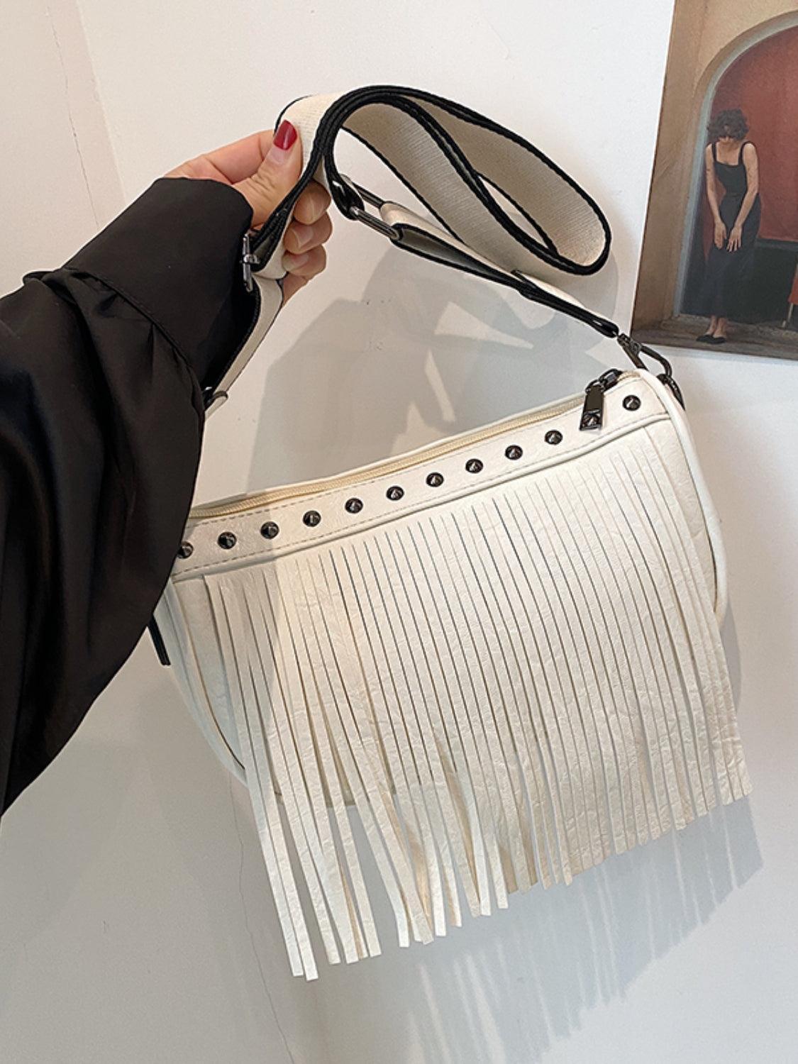 PU Leather Fringe Studded Crossbody Bag.