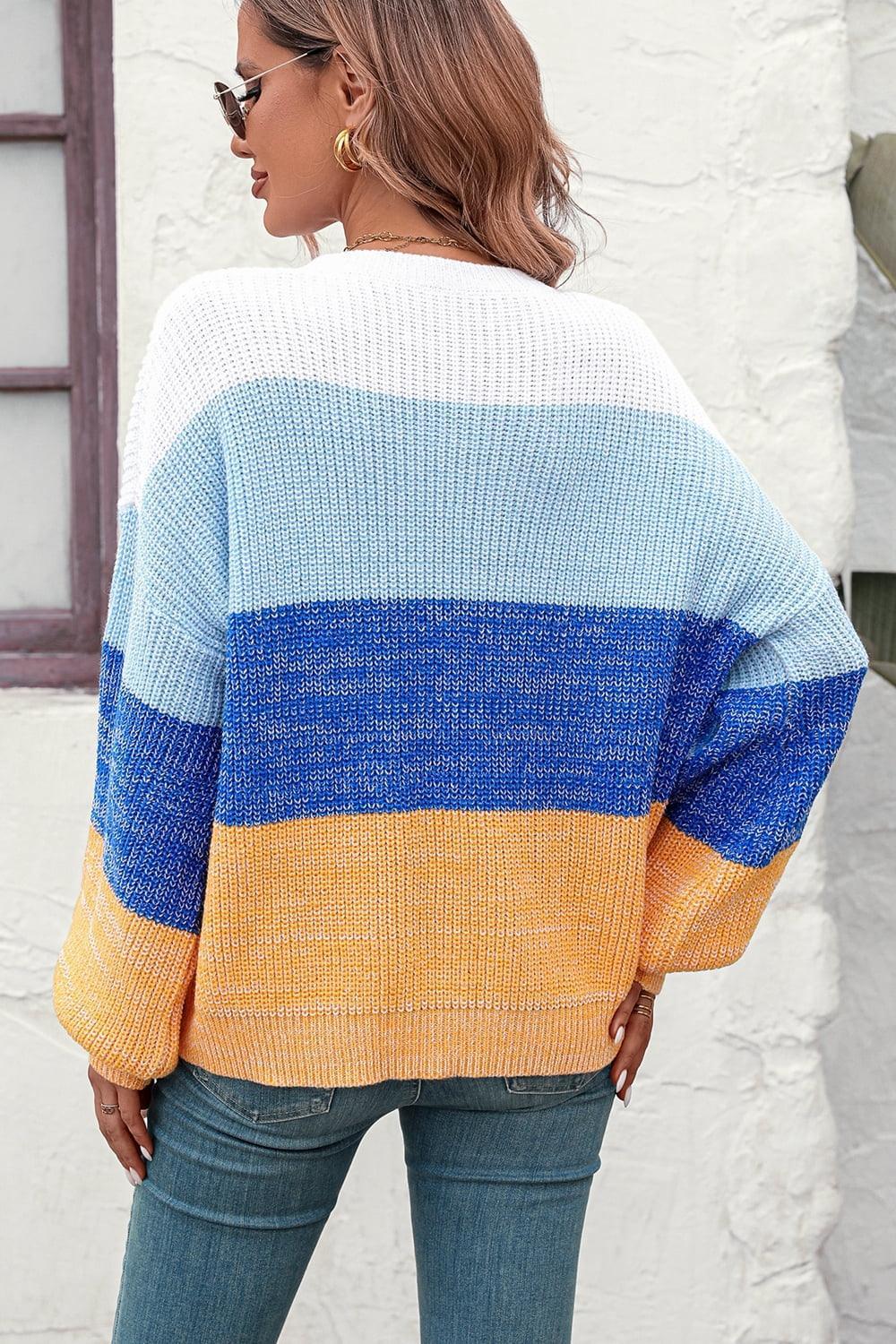 Round Neck Color Block Ribbed Pullover Sweater.