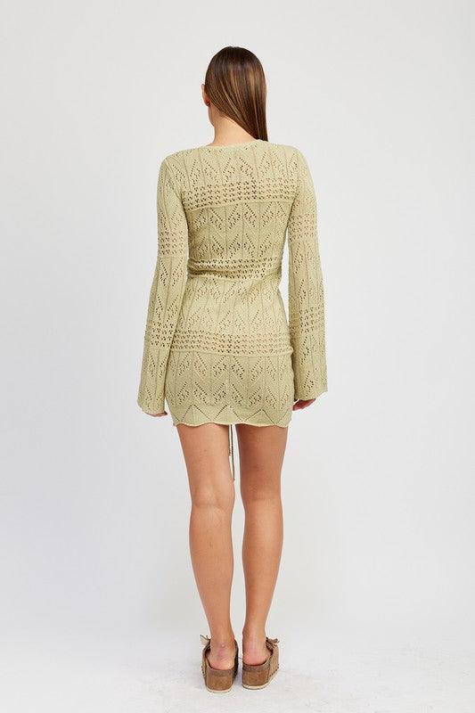 RUCHED CROCHET MINI DRESS.