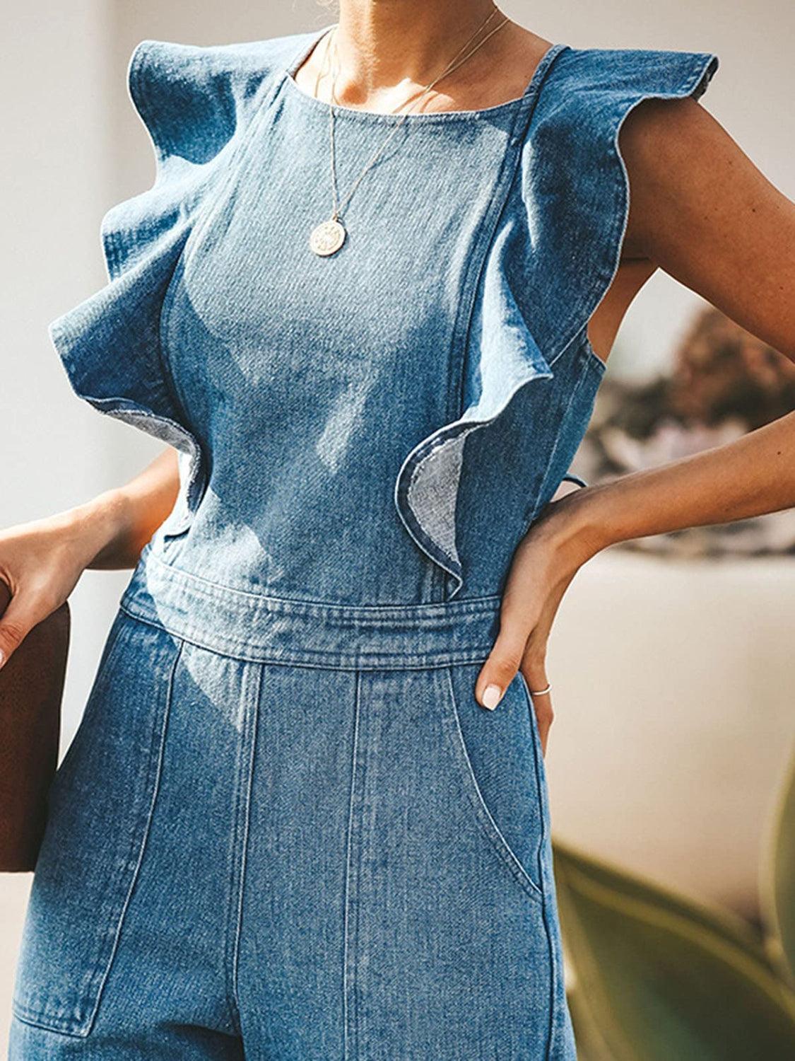 Ruffled Backless Sleeveless Denim Jumpsuit.