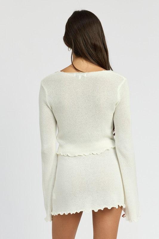 SHEER LONG SLEEVE CARDIGAN WITH FRONT TIE.