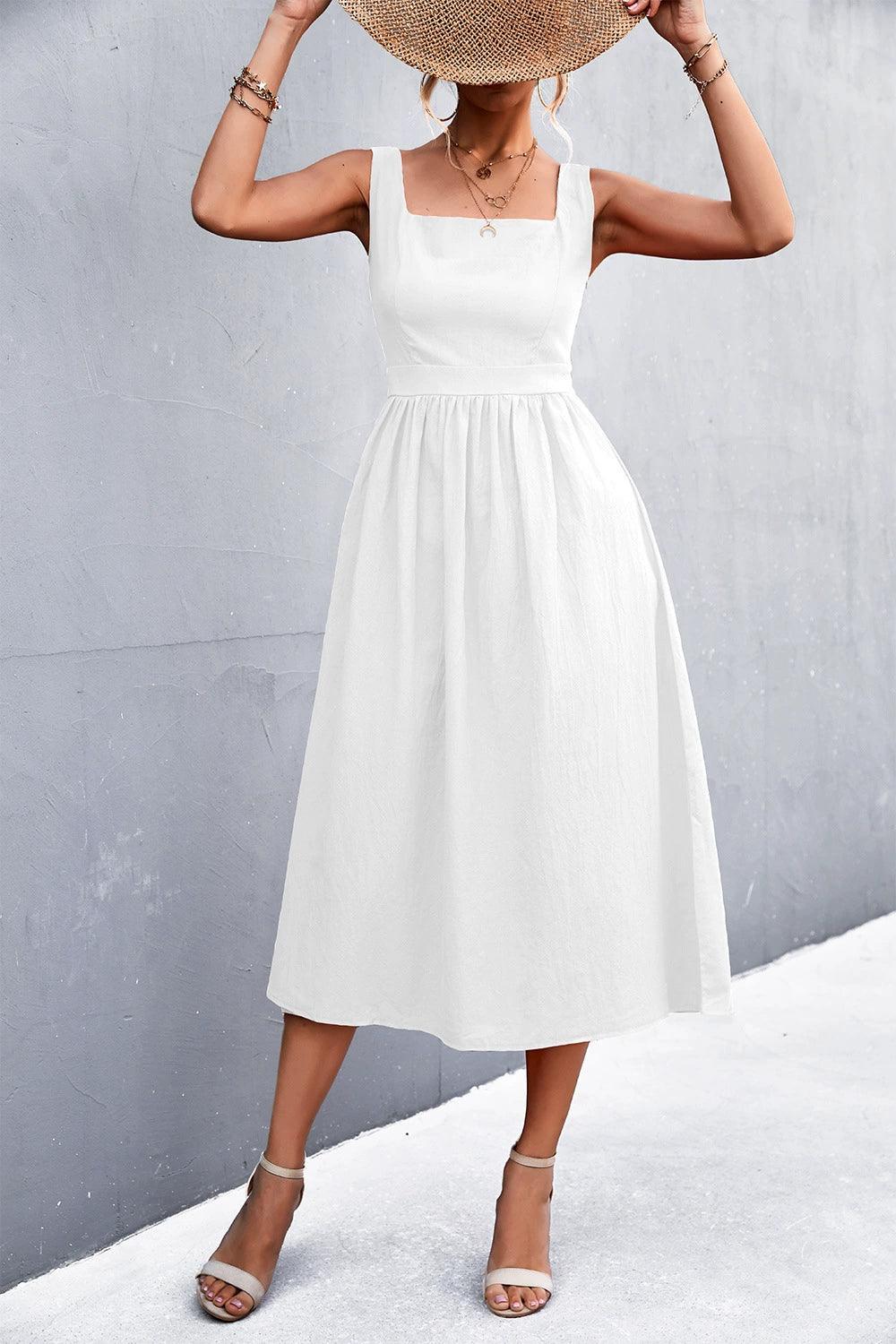Square Neck Sleeveless Smocked Midi Dress.