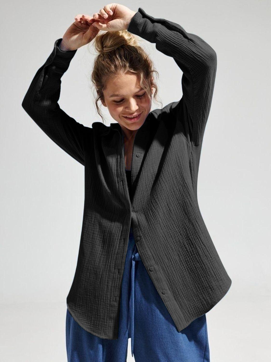 Textured Collared Neck Long Sleeve Shirt - SHANKARA CHÉRIE