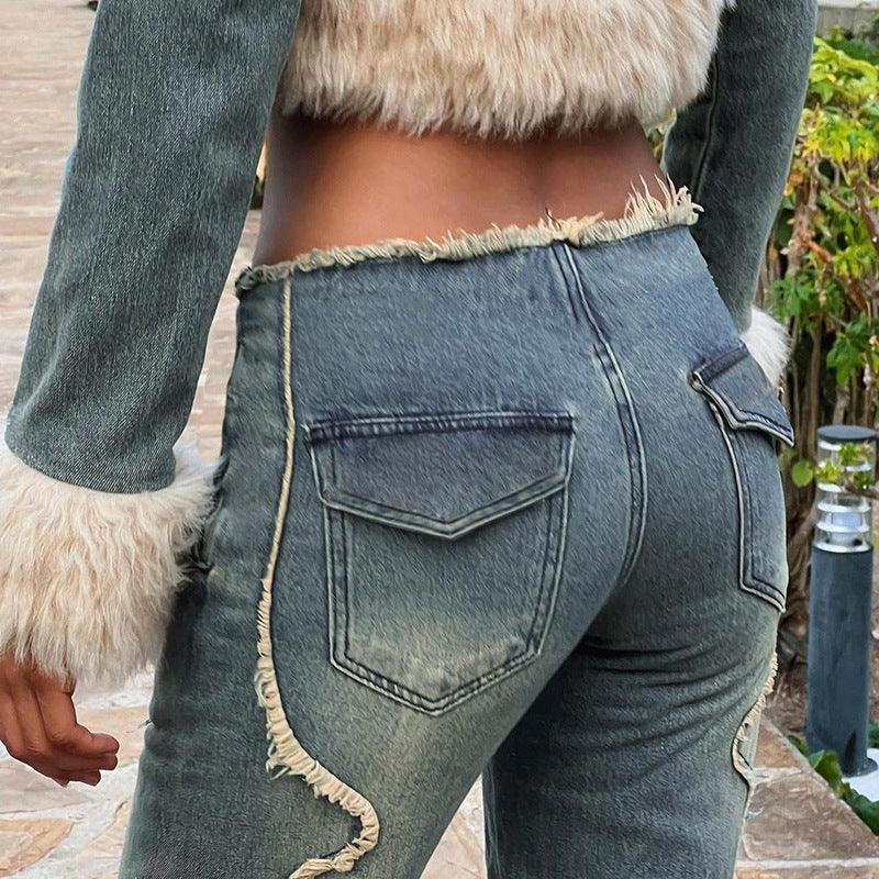 Raw Embroidered Low Rise Distressed Jeans.