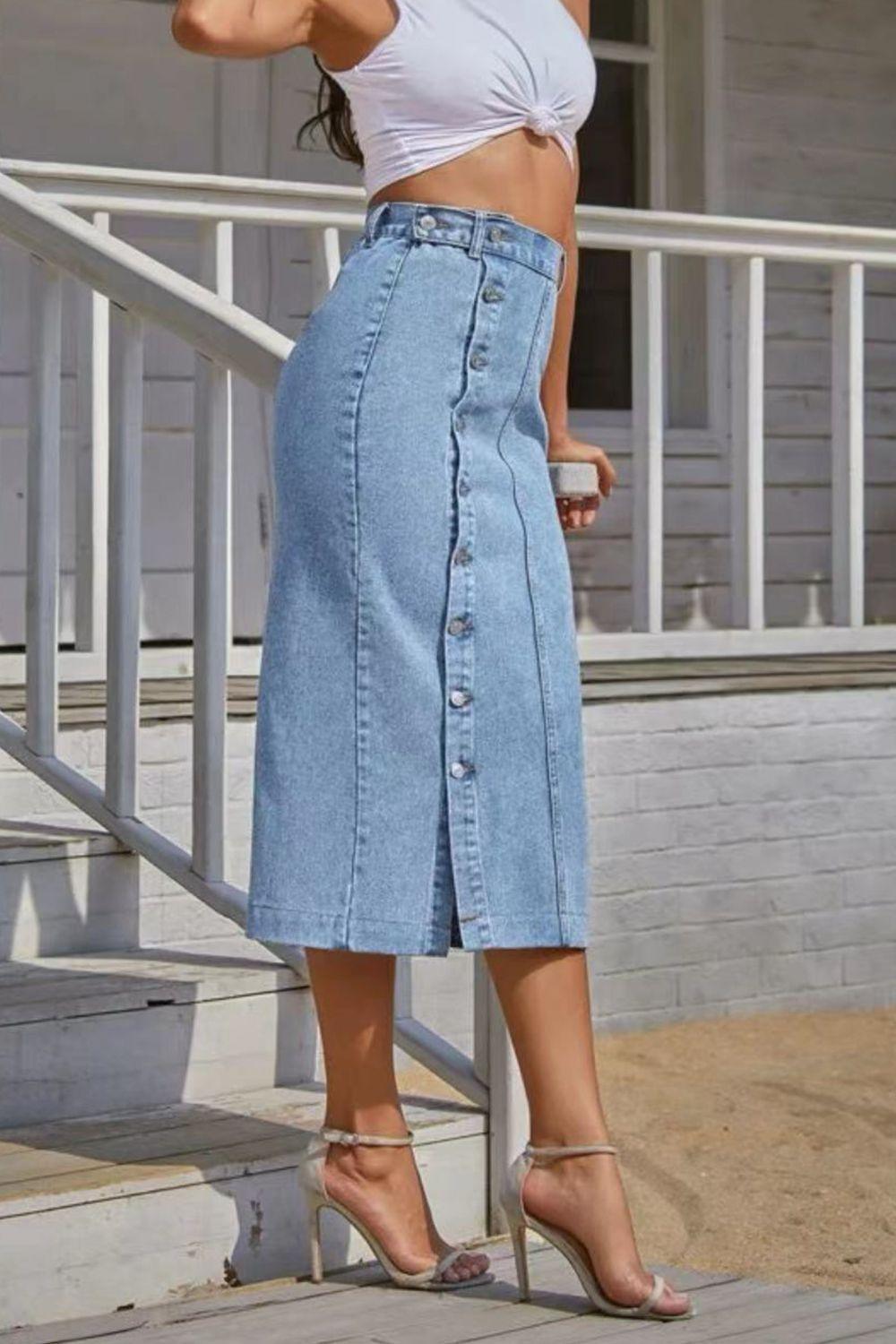 Buttoned Split Denim Skirt.