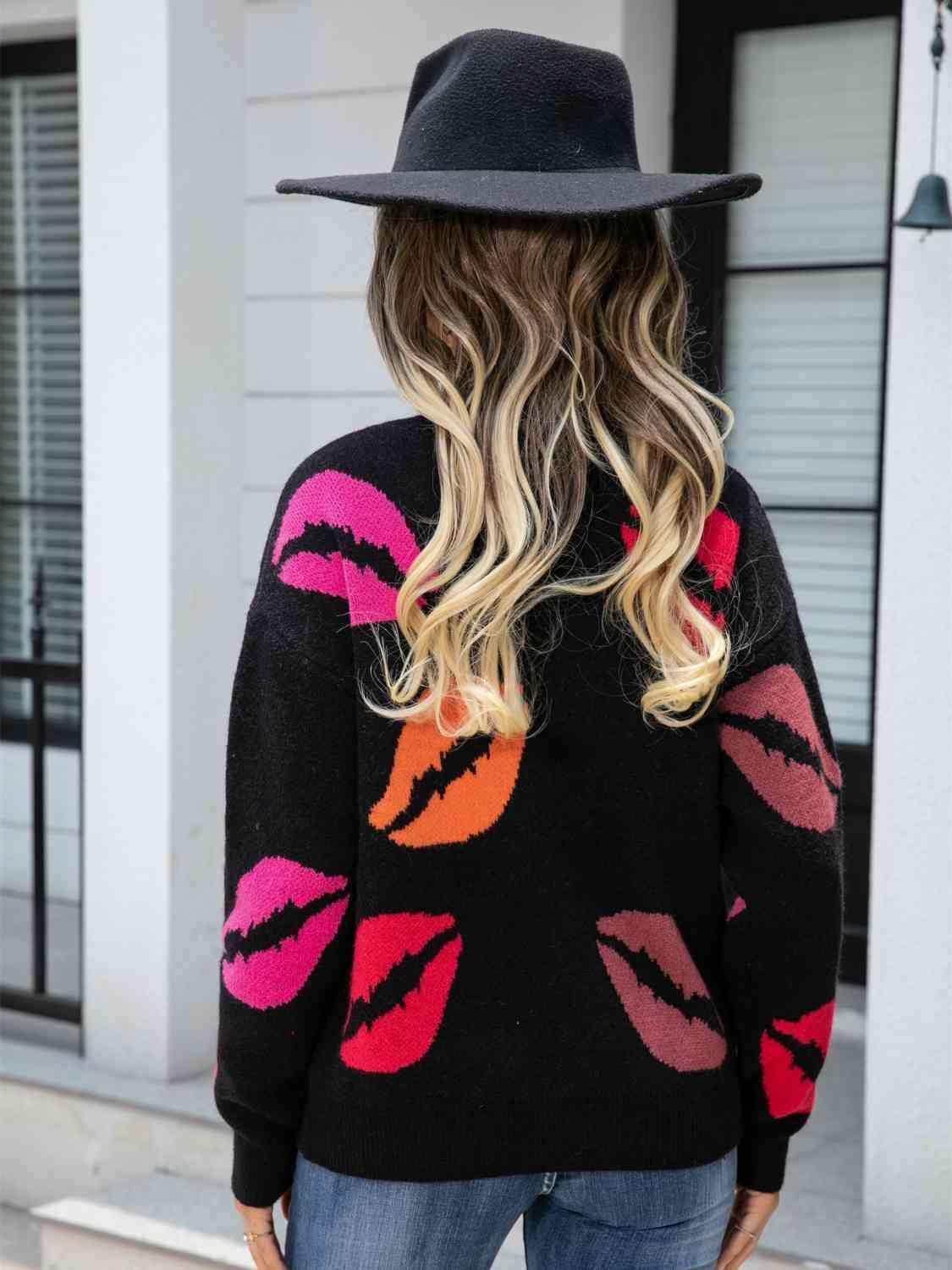 Lip V-Neck Drop Shoulder Sweater.