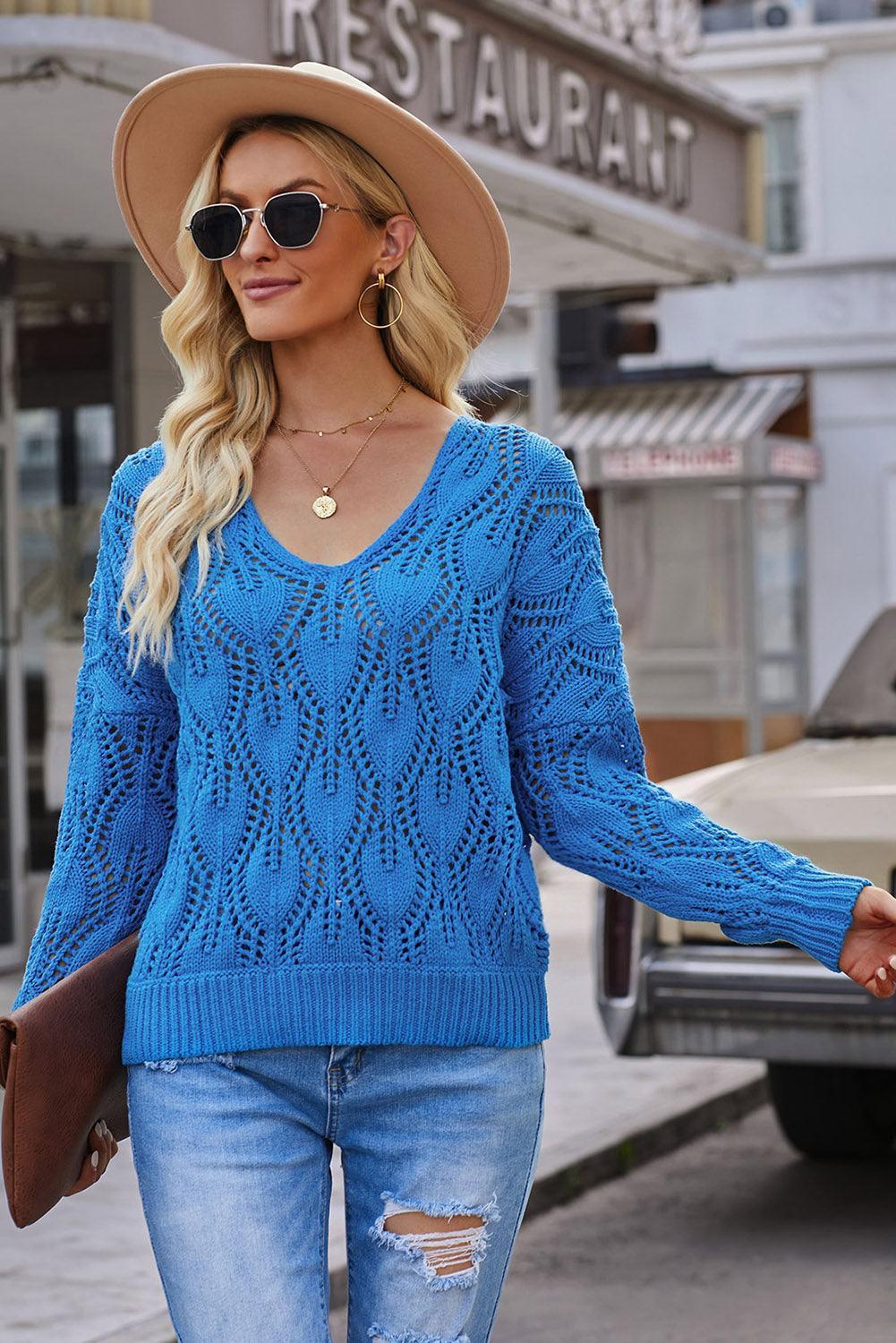 Openwork V-Neck Knit Top.