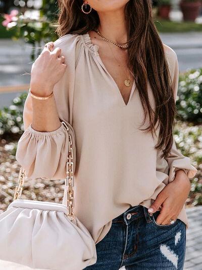 Ruched Notched Balloon Sleeve Blouse Shirt.